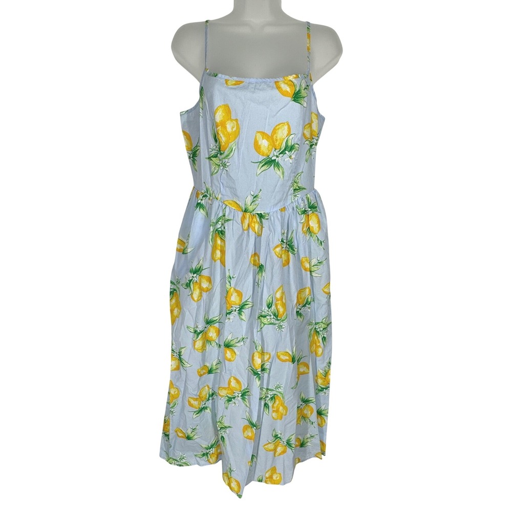 Gap Women Blue Lemon Print Cotton Midi Dress Smocked Back Basque Waist Size M
